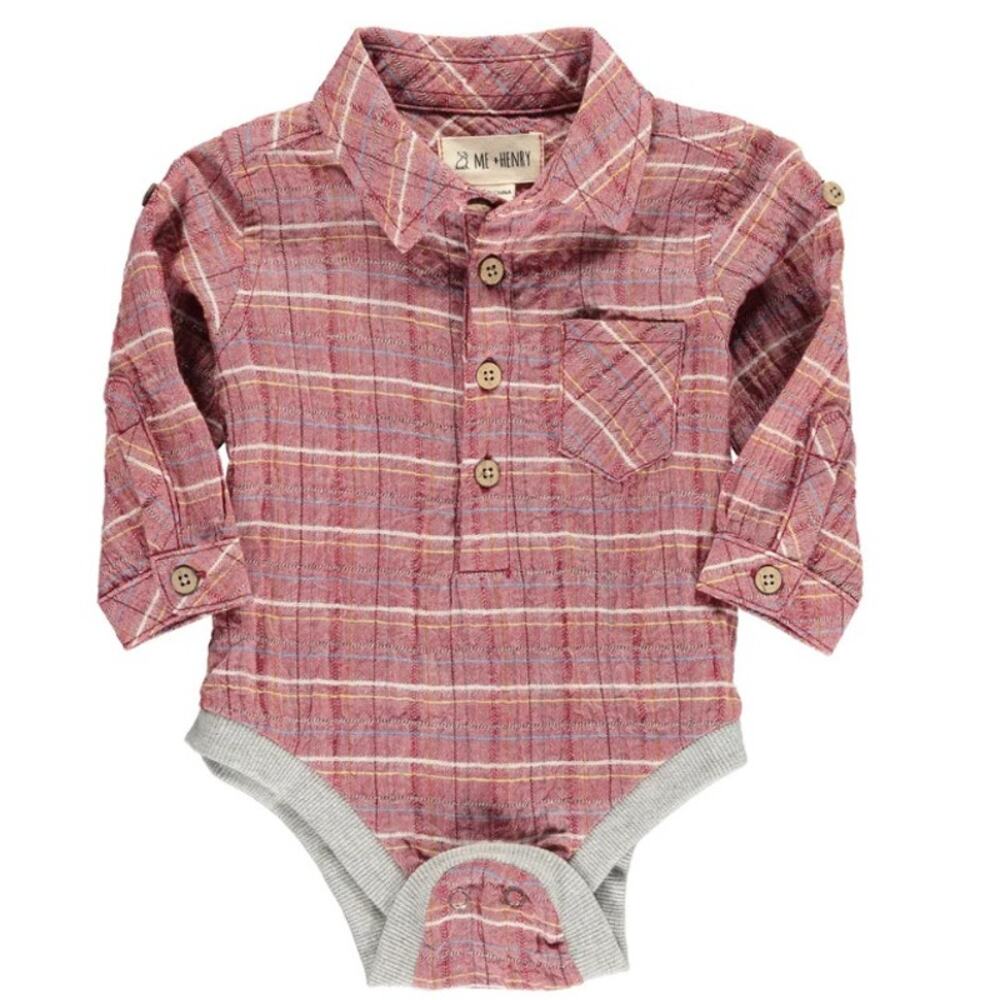 Me & Henry Infant Bodysuit Baby Boy 3-6M Red Brown Plaid Woven 3 Button Shirtzie